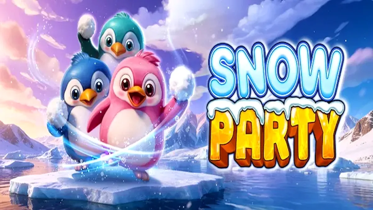 Snow Party slot game interface featuring penguins and icy theme
